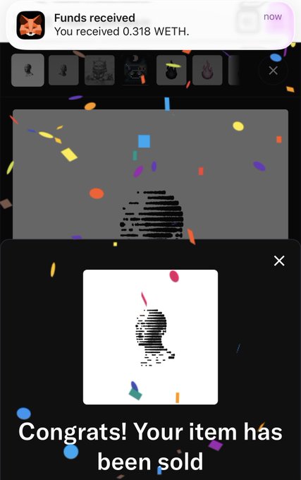 A screenshot of a digital transaction confirmation showing a notification that reads 'Funds received You received 0.318 WETH' and a pop-up saying 'Congrats! Your item has been sold' with confetti animations.