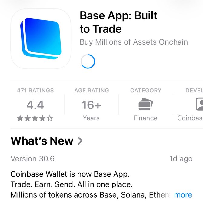 App Store listing for "Base App: Built to Trade," the rebranded Coinbase Wallet, with a 4.4 rating across 471 ratings and the tagline "Buy Millions of Assets Onchain," version 30.6 updated 1 day ago.