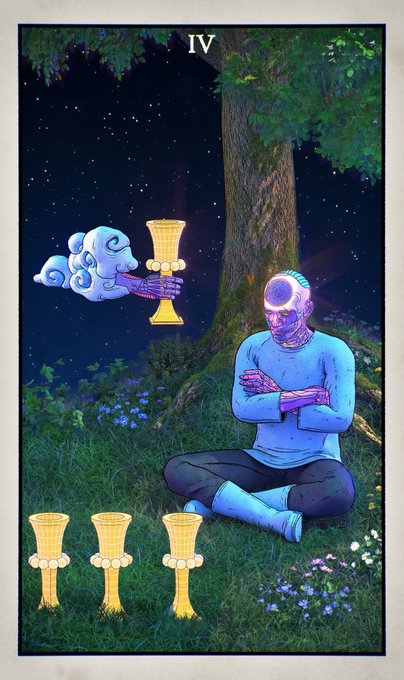 A tarot card labeled 'IV' depicts a blue-skinned figure sitting cross-legged in a forest under a starry sky, with four golden chalices in front of them and a cloud-like hand offering a fifth chalice.