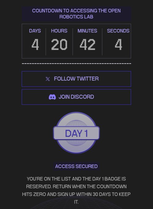 A countdown timer interface displaying 'COUNTDOWN TO ACCESSING THE OPEN ROBOTICS LAB' with 4 days, 20 hours, 42 minutes, and 4 seconds remaining. Below it shows buttons to 'FOLLOW TWITTER' and 'JOIN DISCORD', a 'DAY 1' badge, and text reading 'ACCESS SECURED' with instructions to sign up within 30 days.