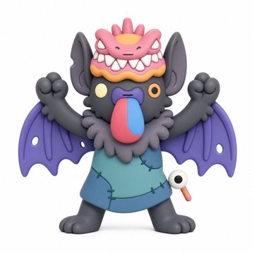 A cartoonish figurine of a dark creature with bat wings, wearing a turquoise shirt, with a pink and red monster mask on its head and a pink tongue sticking out.