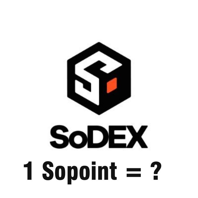 A white background displays the SoDEX logo, a black hexagon with a stylized 'S', alongside the text '1 Sopoint = ?'.
