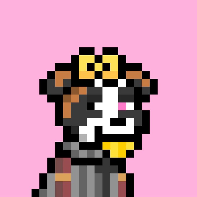 Pixel art portrait of a brown-haired character with orange earrings and a pink tongue sticking out against a pink background.