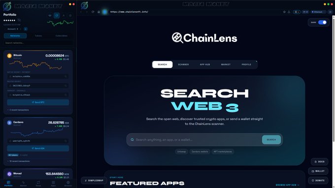 ChainLens web application interface showing a 'Search Web 3' hero section and a portfolio sidebar displaying crypto balances including Bitcoin, Cardano, and Monero.