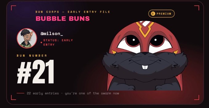 The image shows a digital "BUN CORPS — EARLY ENTRY FILE" card for "BUBBLE BUNS" featuring a cartoon red ninja bunny, with the username "dwilson_," status "EARLY ENTRY," and "BUN NUMBER #21" prominently displayed, indicating the user successfully registered for the Bubble Buns early access whitelist on Avalanche as outlined in the post.