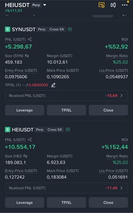 A screenshot of a crypto futures trading portfolio on BingX showing two highly profitable perpetual positions: **SYNUSDT** (+$5,298.67 PNL, +52.92% ROI, 5X cross leverage) and **HEIUSDT** (+$10,554.17 PNL, +152.44% ROI, 5X cross leverage), supporting the post's promotion of $SYN and $HEI as top-performing gem picks.
