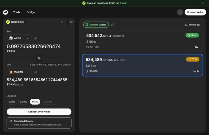 A cryptocurrency trading interface (1inch) showing a swap from WETH to MARIAN on Robinhood Chain, with simulated quotes around 534,542 MARIAN.