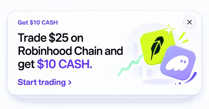 A promotional banner from Phantom offering users $10 CASH for trading $25 on Robinhood Chain, featuring a green Robinhood Chain logo with a quill and a purple Phantom wallet icon alongside an upward trending chart.