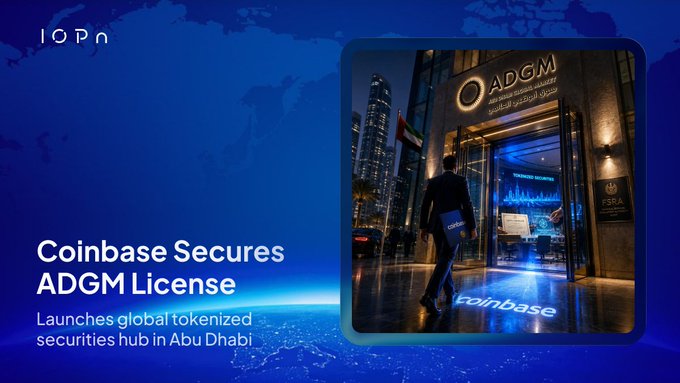 A promotional graphic stating "Coinbase Secures ADGM License" and "Launches global tokenized securities hub in Abu Dhabi", showing a person walking toward an ADGM building entrance at night.