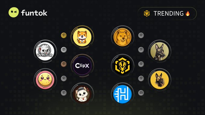 The image shows a "Funtok" branded graphic titled "TRENDING 🔥" displaying the top 10 trending tokens on BNB Chain, featuring circular icons for BabyDoge (#1), Wiki Cat, ClipX, Hachiko, Crepe, Kind Cat, Broccoli, CaptainBNB, Belgtoken, and HODL (#10), each numbered and corresponding to the listed meme coins and their Twitter handles.