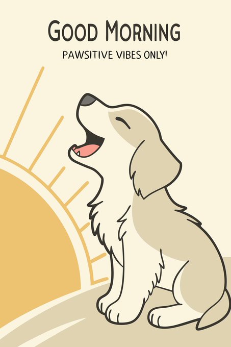 A cheerful illustration of a howling puppy facing the sun with the text 'GOOD MORNING' and 'PAWSITIVE VIBES ONLY!'.