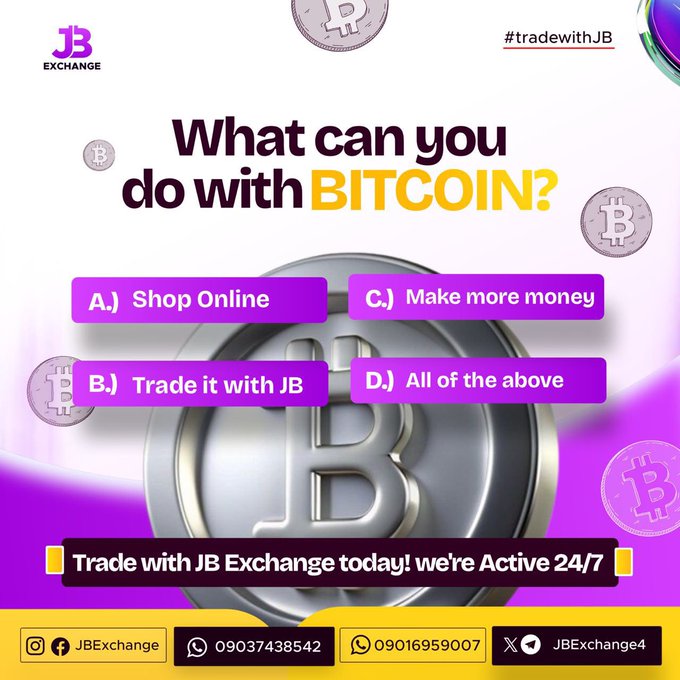 An advertisement for JB Exchange asks 'What can you do with BITCOIN?' with multiple choice options, tagged #tradewithJB and listing contact numbers 09037438542 and 09016959007.