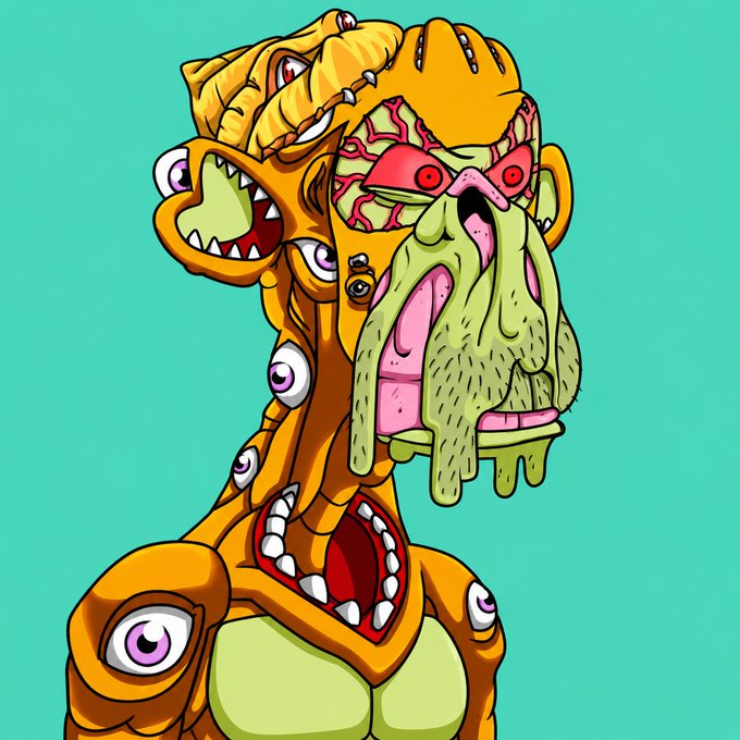 A grotesque cartoon illustration of a yellow-orange mutant creature with multiple eyes, sharp teeth, and a green melting face set against a teal background.