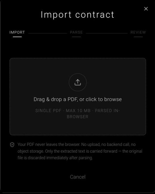 A dark-themed UI modal titled 'Import contract' with tabs for 'IMPORT', 'PARSE', and 'REVIEW', prompting the user to 'Drag & drop a PDF, or click to browse' with privacy text below.