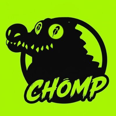 Black silhouette logo of a crocodile head with the text 'CHOMP' in bold yellow-green letters below it.
