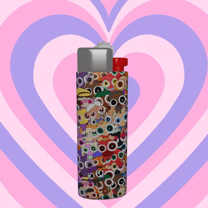 A Bic lighter featuring a collage of colorful cartoon monster characters set against a pink and purple heart-patterned background.