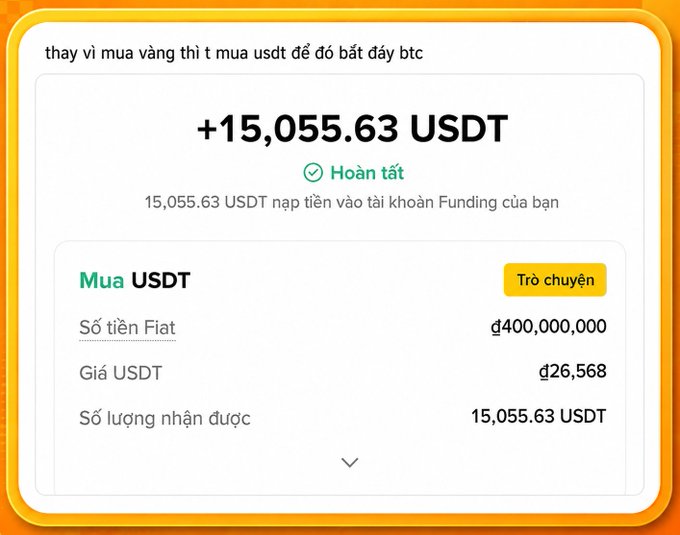 The image shows a completed Binance transaction for purchasing 15,055.63 USDT with 400,000,000 VND (đ) at a rate of 26,568 đ per USDT, with Vietnamese text at the top suggesting the user bought USDT instead of gold to leverage into BTC during market volatility. The screenshot visually illustrates the post's strategy of choosing BTC over gold, showing the practical funding step of converting fiat to USDT as a gateway to entering the BTC "growth layer."