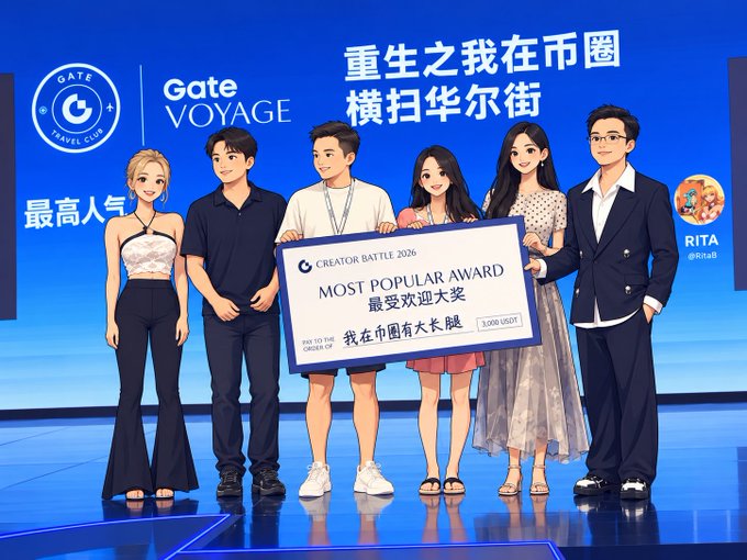 An animated illustration of people on stage holding a 'CREATOR BATTLE 2026 MOST POPULAR AWARD' check for 3,000 USDT, with text reading '重生之我在币圈横扫华尔街' and 'Gate VOYAGE'.