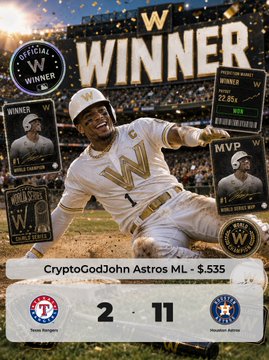 A triumphant baseball player in a white uniform with "W" branding celebrates on the field in front of a "WINNER" backdrop displaying "CryptoGodJohn Astros ML - $535," "MVP," and an 11-2 final score, visually reinforcing the post's message about Houston's dominant victory and the successful betting pick shared with the Wealth Group community.