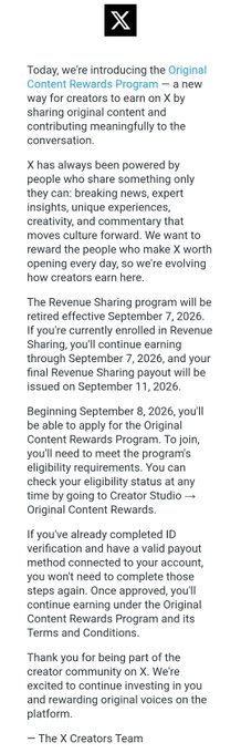 An X announcement introducing the 'Original Content Rewards Program' for creators, effective September 7, 2026, encouraging sign-ups via Creator Studio.
