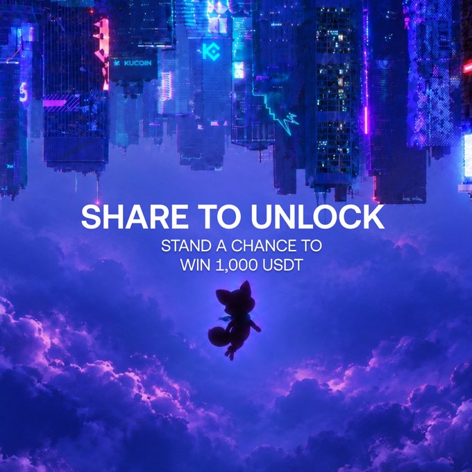 A KuCoin promotional image features an inverted neon cityscape above dreamy purple clouds, with a character floating between them and text reading "SHARE TO UNLOCK — STAND A CHANCE TO WIN 1,000 USDT," encouraging users to post about their KuKu Universe badge, tag @kucoincom, and use #KuKuUniverse as mentioned in the accompanying campaign post.