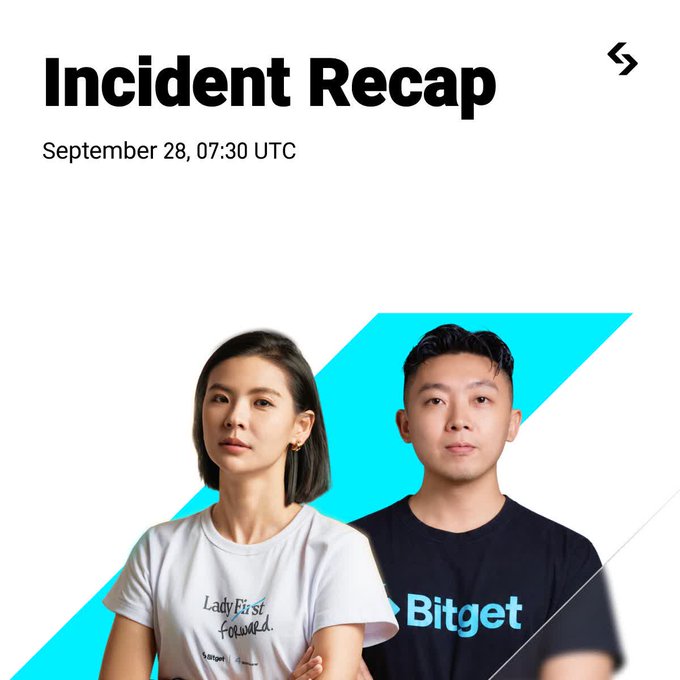 An 'Incident Recap' banner dated September 28, 07:30 UTC featuring two people, one wearing a 'Lady First' shirt and the other wearing a 'Bitget' branded shirt.