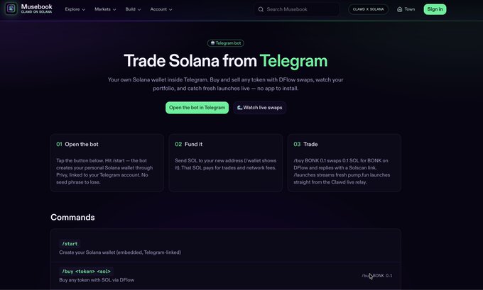 A website screenshot for Musebook showing a page about 'Trade Solana from Telegram' with a Telegram bot, featuring steps for opening, funding, and trading.