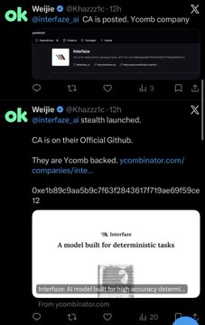 Twitter/X screenshots from @khazzrfc announcing Interface (an 'AI model built for deterministic tasks') is stealth launched and posted to Ycombinator, with its official Github linked.