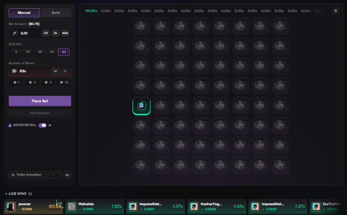 A mines gambling game interface showing a 5x5 grid with 63 mines configured at 0.01 bet size, where the user has just revealed a "S" (Solana) symbol on their first tile, corresponding to the celebratory post about hitting a win on solpump.io.
