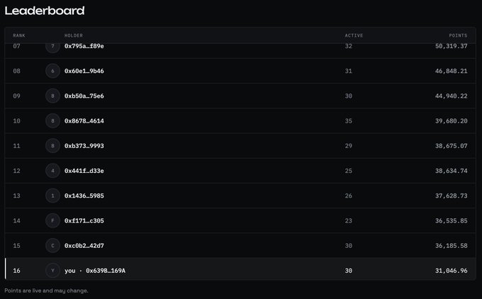 A leaderboard displaying ranks 7 through 16 with columns for RANK, HOLDER, ACTIVE, and POINTS, showing wallet addresses like 0x795a...f69e with 50,319.37 points at rank 7 and 'you - 0x6398...169A' at rank 16 with 31,046.96 points, noting that 'Points are live and may change.'