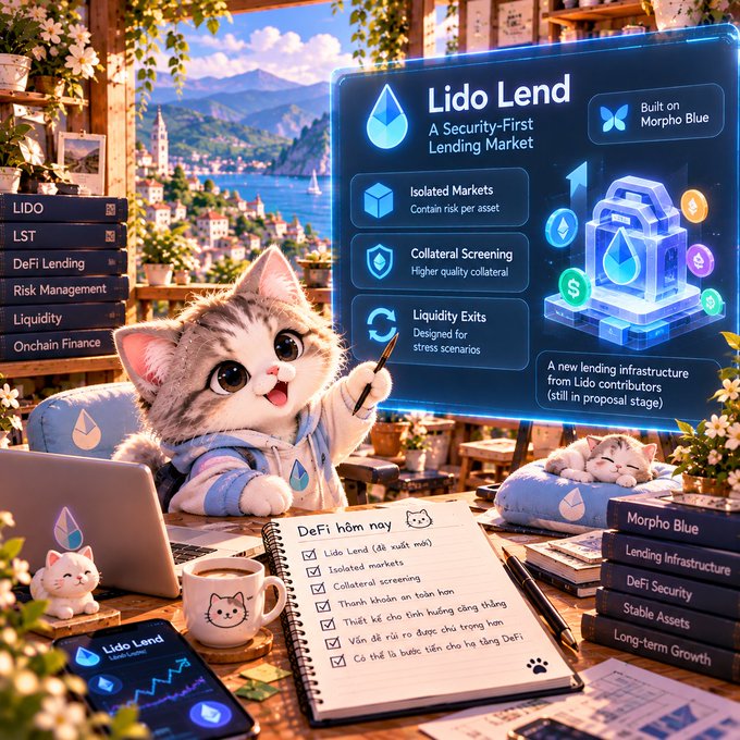 An illustration of an adorable cat character in a cozy cafe setting, pointing at a presentation about 'Lido Lend', a security-first lending market built on Morpho Blue, with a notebook containing a 'DeFi hôm nay' checklist.