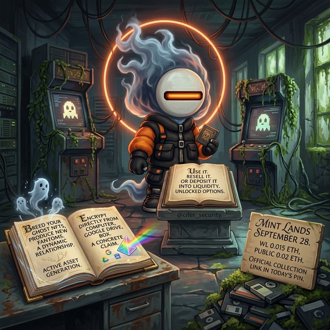 A digital illustration of a futuristic character with a spherical head and orange jacket standing in a high-tech room with old computers, holding a book titled 'Use it. Resell it. Or deposit it into Liquidity.' Other books include 'Breed Your Ghost NFTs' and 'Mint Lands September 28'.