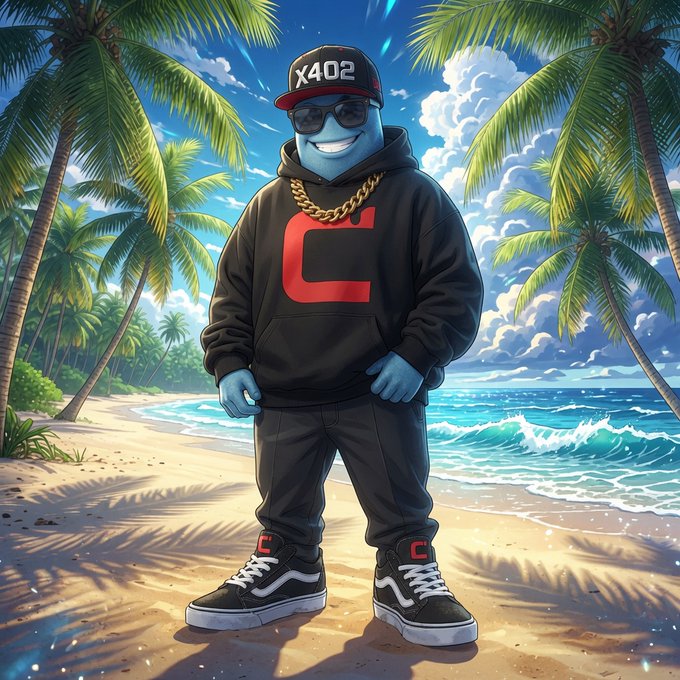 An illustrated blue cartoon character wearing a black hoodie with a red 'C', gold chain, sunglasses, and a cap reading 'X402', standing on a tropical beach with palm trees.