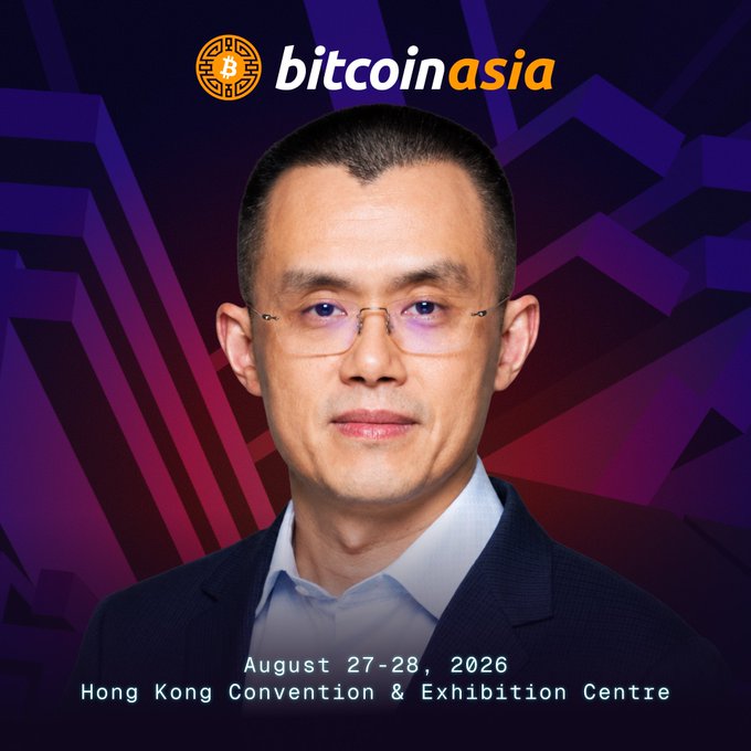 A Bitcoin Asia conference promotional poster featuring a portrait of a man in glasses and a suit, dated 'August 27-28, 2026' at the 'Hong Kong Convention & Exhibition Centre'.