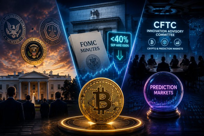 A collage-style image featuring the White House, Federal Reserve and SEC seals, an 'FOMC MINUTES' document, a '<40% SEP HIKE ODDS' arrow, a large Bitcoin coin, and panels labeled 'CFTC INNOVATION ADVISORY COMMITTEE' and 'PREDICTION MARKETS'.