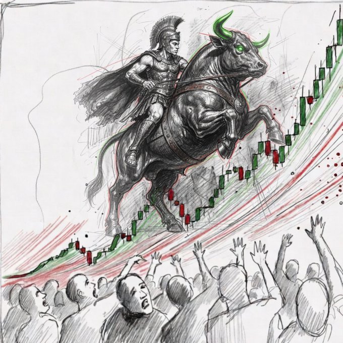 A sketch depicts a Roman warrior on a bull with glowing green horns charging through a stock market candlestick chart, while a crowd of people below cheers with raised hands.