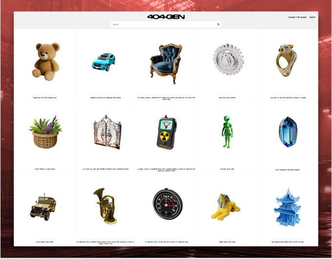 The image shows a screenshot from 404GEN's website, displaying a grid of various 3D-generated objects—including a teddy bear, toy car, ornate chair, gear, ring, plant, lantern, and other items—each with a brief text description beneath, illustrating the platform's extensive open-source 3D asset repository. This visual represents the 21.5M+ high-fidelity assets generated by SN17 using Bittensor miners, showcasing the scale and diversity of 3D content created through decentralized pipelines.