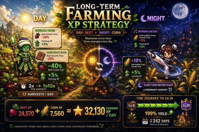 Game strategy infographic titled 'LONG-TERM FARMING XP STRATEGY' for a day/night farming game, showing beet and corn XP calculations totaling 32,130 XP/DAY over approximately 242 days.