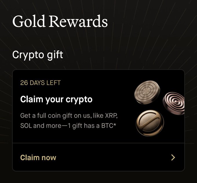 A Robinhood "Gold Rewards" Crypto gift promotion offering a full coin (mentioning XRP and SOL) with 26 days left to claim, where the user anticipates winning a BTC.