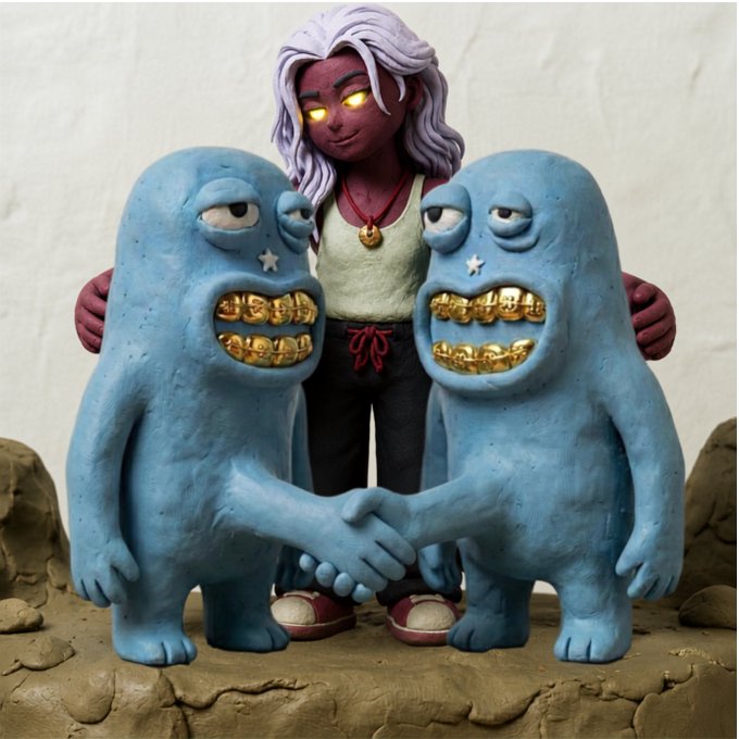 A 3D-rendered figure of a character with glowing yellow eyes and lavender hair standing between two blue monstrous creatures with gold teeth who are shaking hands.