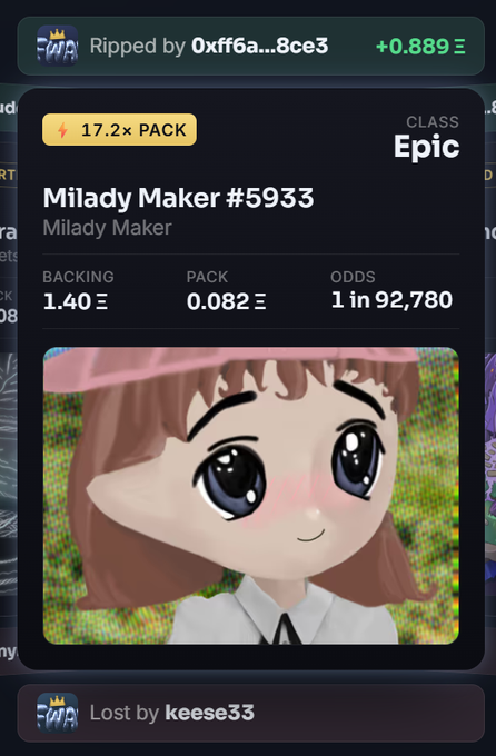 A digital card from a pack opening labeled 'Milady Maker #5933' marked as Epic class, showing a cute anime-style character wearing a pink hat.