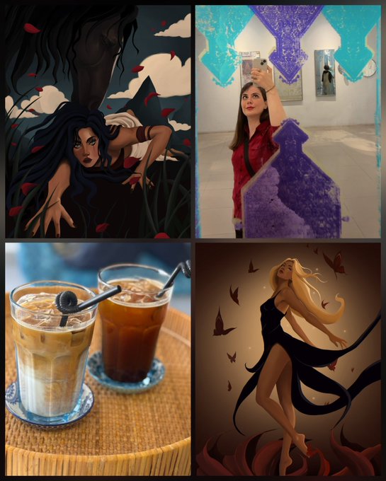 A four-panel collage featuring a dark-haired fantasy character with red accents, a woman taking a photo in a gallery with purple and blue displays, two glasses of iced coffee on a woven mat, and an illustration of a blonde woman in a flowing black dress surrounded by butterflies.