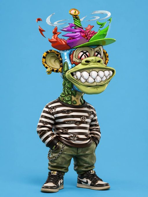 A vibrant 3D model of a monkey character with a wide toothy grin, wearing a colorful hat, striped shirt, and Nike sneakers, with chains hanging from its pockets.