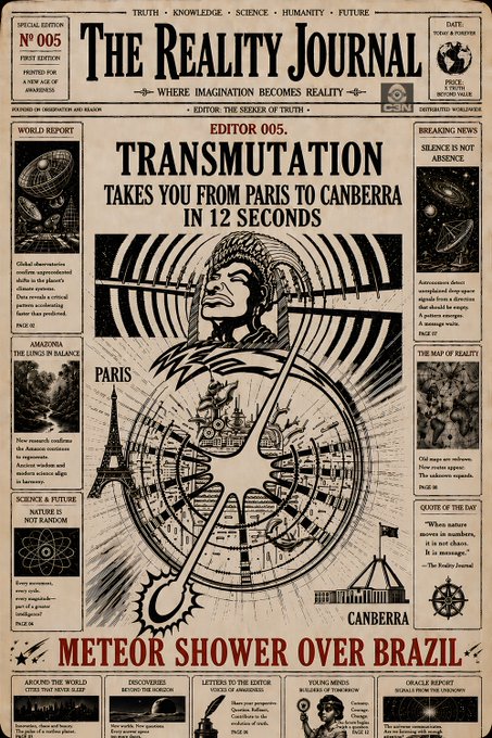 A vintage-style newspaper layout titled 'The REALITY JOURNAL' with headlines 'TRANSMUTATION TAKES YOU FROM PARIS TO CANBERRA IN 12 SECONDS' and 'METEOR SHOWER OVER BRAZIL'.