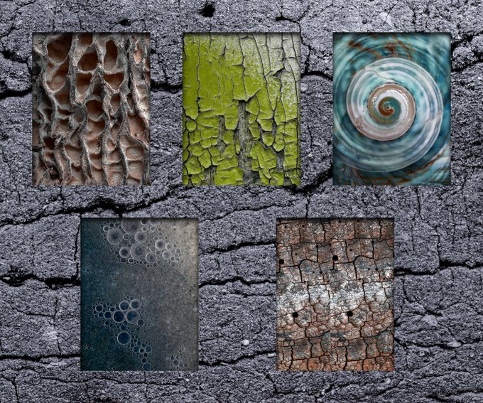 The image features five different photographs of various objects set against a black stone wall background. The first picture shows a close-up of a mushroom with green and white spots, while another showcases an oil paint job on a brick wall. The third photo displays a seashell, adding more color to the scene. A rock is captured in a photograph that has been peeled off its surface, revealing the layers below. Finally, there is a photograph where someone painted a rock, creating a unique artwork with the natural subject matter.