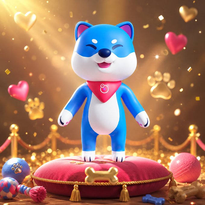 A happy blue and white cartoon dog with a red bandana stands triumphantly on a plush red cushion adorned with a gold bone, surrounded by floating hearts, paw prints, and dog toys in a festive golden setting. The image celebrates Dog Appreciation Day by featuring a joyful mascot embodying the spirit of $VINU, the community-focused crypto project paying tribute to dogs today.