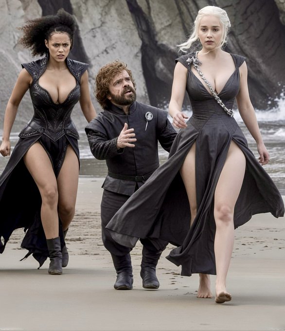 The image shows a digitally altered or AI-generated scene featuring Tyrion Lannister (portrayed by Peter Dinklage) from *Game of Thrones* flanked by two reimagined female characters—one with dark skin and another resembling Daenerys Targaryen—striding across a rocky beach in dramatic dark gowns, humorously amplifying the "hotness" to an exaggerated 10X as the post requested.