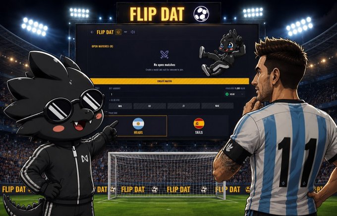 A 'FLIP DAT' football/soccer match prediction platform shown on a stadium screen, featuring an anime-style dragon mascot, an Argentina player wearing number 11, and a match between what appears to be teams called SHARKS and TAILS.