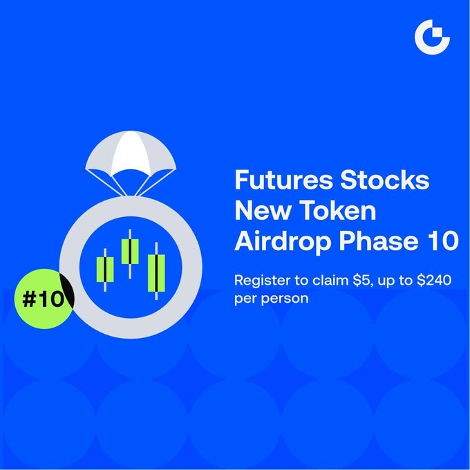 A blue promotional graphic for the "Futures Stocks New Token Airdrop Phase 10" with a parachute icon delivering a candlestick chart, advertising registration to claim $5 up to $240 per person. The image relates to the post by visually promoting the trading airdrop campaign, though the post's text references "Vol. 9" and lists specific rewards ($5 newcomer gift, daily check-ins up to $35, trading challenge up to $200), which differ from the "Phase 10" and "$240" figures shown in the graphic.