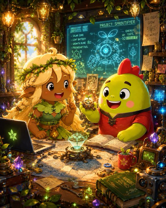 In the image, there are two characters - a girl with long hair wearing a green dress and a boy with yellow hair wearing a red shirt sitting at a table surrounded by various objects such as books, a laptop, and a crystal ball. The girl is holding a crystal ball while the boy looks on, possibly intrigued or curious about what she's doing.